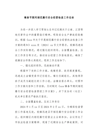 镇春节期间烟花爆竹安全经营检查工作总结