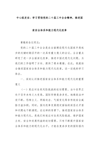 中心组发言：学习贯彻党的二十届三中全会精神，推进国家安全体系和能力现代化改革