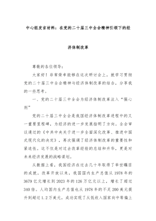 中心组发言材料：在党的二十届三中全会精神引领下的经济体制改革