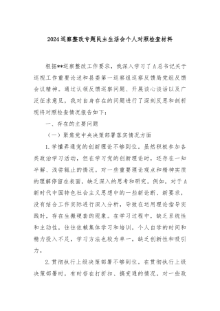 2024巡察整改专题民主生活会个人对照检查材料