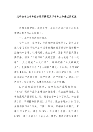 关于全市上半年经济运行情况及下半年工作建议的汇报