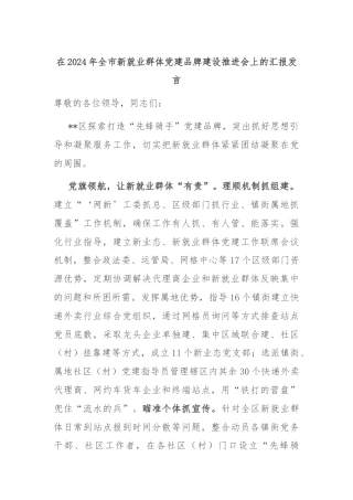 在2024年全市新就业群体党建品牌建设推进会上的汇报发言