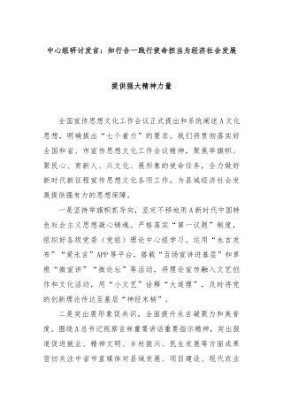 中心组研讨发言：知行合一践行使命担当为经济社会发展提供强大精神力量