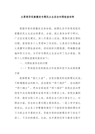 主要领导巡察整改专题民主生活会对照检查材料