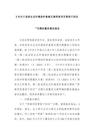 X市关于省级生态环境保护督察反馈两高项目管控不到位
