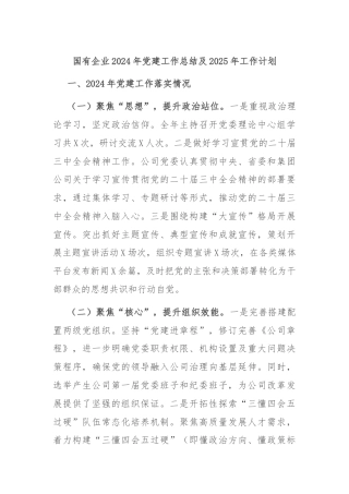 国有企业2024年党建工作总结及2025年工作计划