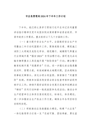 市应急管理局2024年下半年工作计划