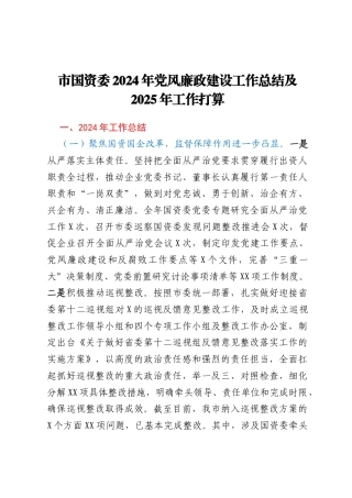 市国资委2024年党风廉政建设工作总结及2025年工作打算