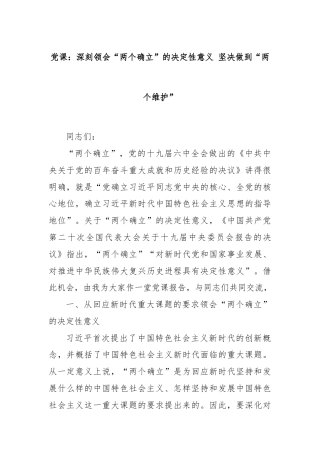 党课：深刻领会“两个确立”的决定性意义 坚决做到“两个维护”