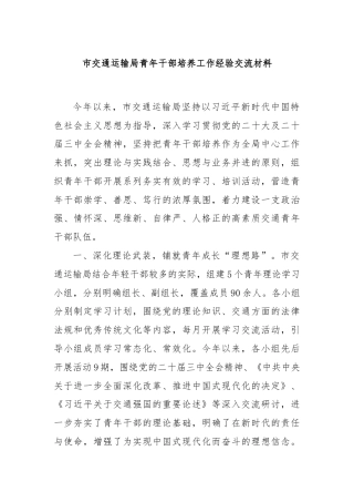 市交通运输局青年干部培养工作经验交流材料