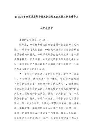 在2024年全区基层综合行政执法规范化建设工作推进会上的汇报发言