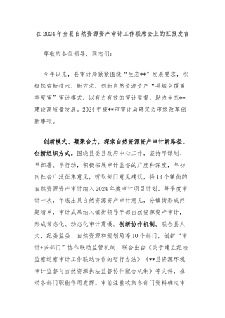 在2024年全县自然资源资产审计工作联席会上的汇报发言
