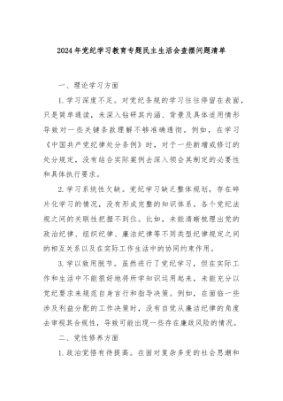 2024年党纪学习教育专题民主生活会查摆问题清单
