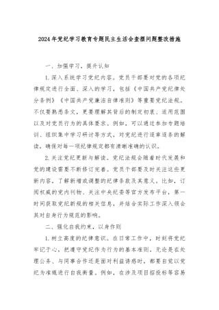 2024年党纪学习教育专题民主生活会查摆问题整改措施