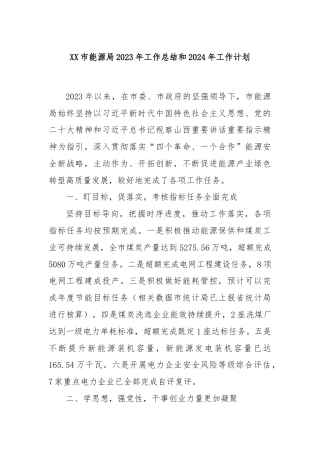 XX市能源局2023年工作总结和2024年工作计划