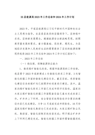 XX县能源局 2023年工作总结和2024年工作计划