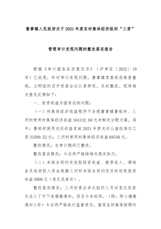 鲁掌镇人民政府关于 2021 年度农村集体经济 组织“三资”管理审计发现问题的 整改落实报告