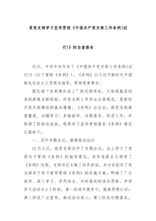 某党支部学习宜传贯彻《中国共产党支部工作条例(试行)》 的自查报告