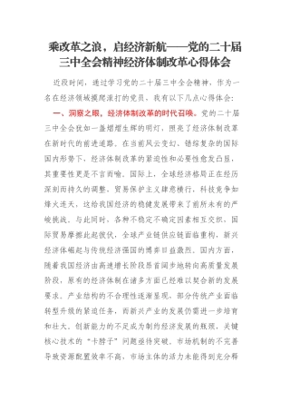 乘改革之浪，启经济新航——党的二十届三中全会精神经济体制改革心得体会