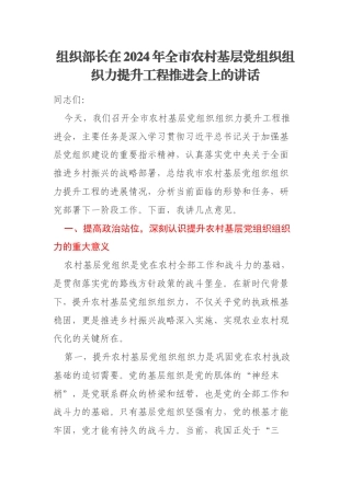 组织部长在2024年全市农村基层党组织组织力提升工程推进会上的讲话