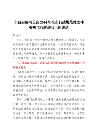 市政府秘书长在2024年全市行政规范性文件管理工作推进会上的讲话