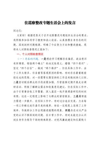在巡察整改专题生活会上的发言