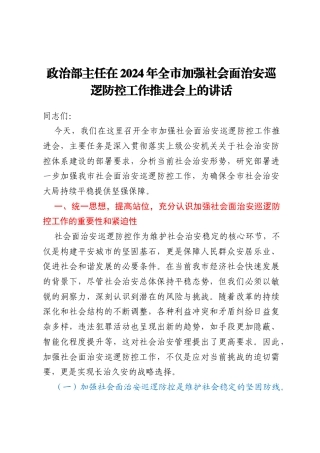 政治部主任在2024年全市加强社会面治安巡逻防控工作推进会上的讲话