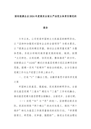 国有能源企业2024年度落实全面从严治党主体责任情况的报告