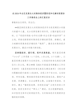 在2024年全区发展壮大村集体经济暨防范和化解村级债务工作推进会上的汇报发言