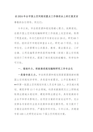 在2024年全市国土空间规划重点工作推进会上的汇报发言