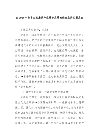 在2024年全市文旅康养产业融合发展推进会上的汇报发言