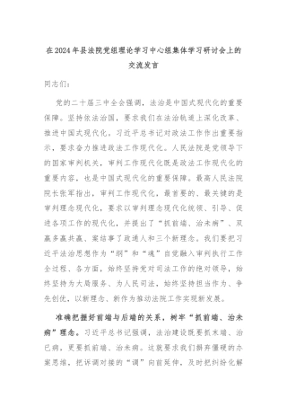在2024年县法院党组理论学习中心组集体学习研讨会上的交流发言