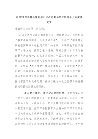 在2024年巡察办理论学习中心组集体学习研讨会上的交流发言