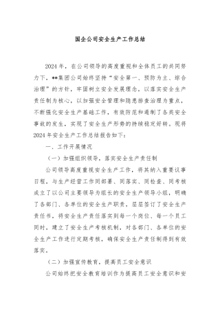 国企公司安全生产工作总结
