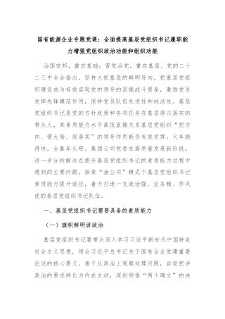 国有能源企业专题党课：全面提高基层党组织书记履职能力增强党组织政治功能和组织功能
