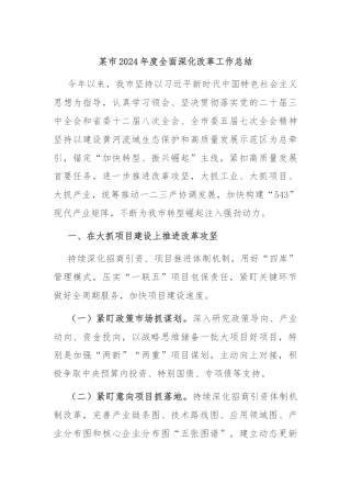 某市2024年度全面深化改革工作总结