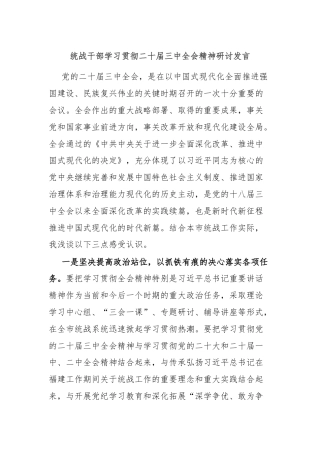 统战干部学习贯彻二十届三中全会精神研讨发言