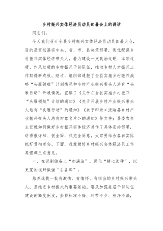 乡村振兴实体经济员动员部署会上的讲话