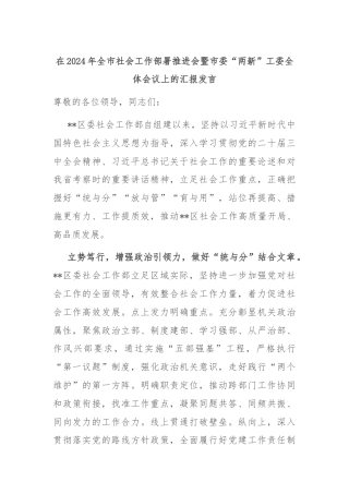 在2024年全市社会工作部署推进会暨市委“两新”工委全体会议上的汇报发言