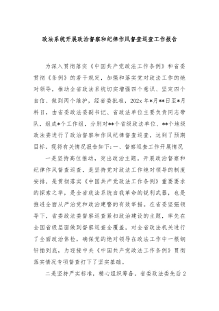 政法系统开展政治督察和纪律作风督查巡查工作报告