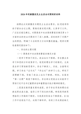 2024年巡察整改民主生活会对照剖析材料