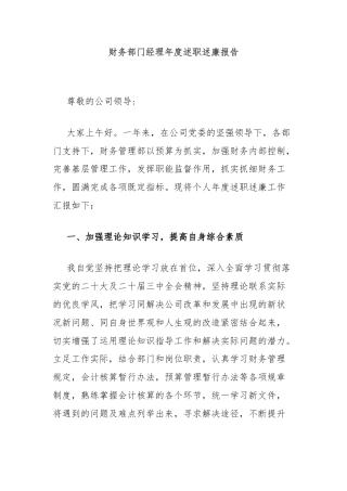 财务部门经理年度述职述廉报告