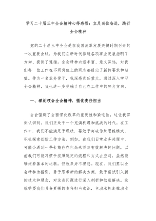 学习二十届三中全会精神心得感悟：立足岗位奋进，践行全会精神