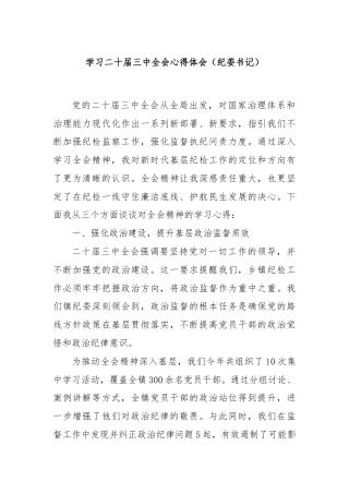 学习二十届三中全会心得体会（纪委书记）
