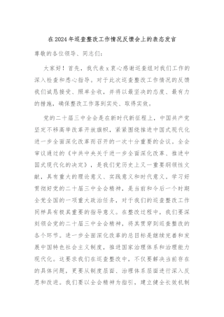 在2024年巡查整改工作情况反馈会上的表态发言