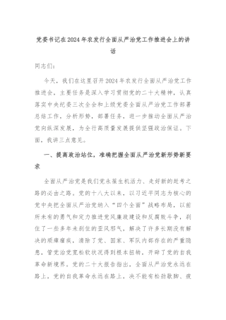 党委书记在2024年农发行全面从严治党工作推进会上的讲话