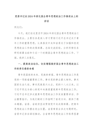 党委书记在2024年深化国企青年思想政治工作推进会上的讲话