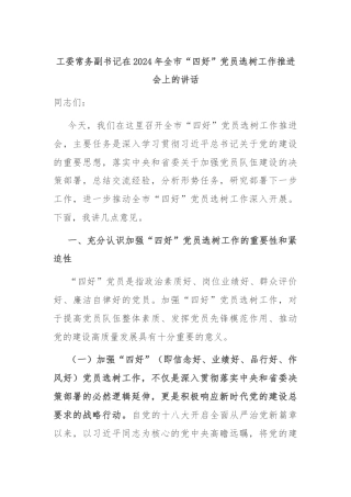工委常务副书记在2024年全市“四好”党员选树工作推进会上的讲话