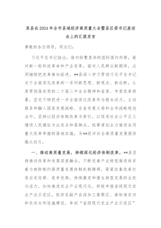 某县在2024年全市县域经济高质量大会暨县区委书记座谈会上的汇报发言