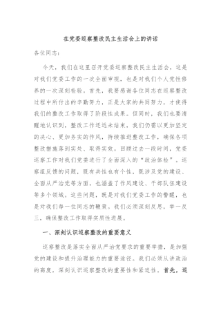 在党委巡察整改民主生活会上的讲话